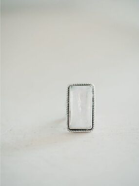 Teagan Moonstone Stone Silver Rectangle Ring - Classic Rope-Edge Design